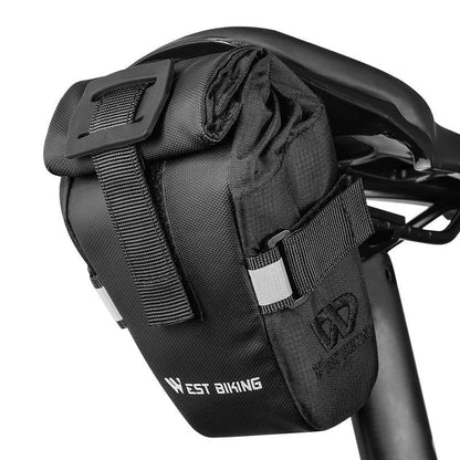 Compact bicycle tail bag for mountain and road bikes with Velcro installation