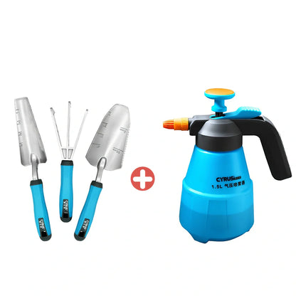 Aluminium garden tool set with cast shovel, three-claw harrow, and reinforced gardening gloves on soil