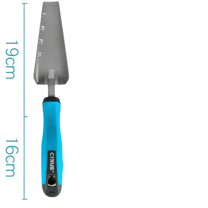 Aluminium garden tool set with cast shovel, three-claw harrow, and reinforced gardening gloves on soil