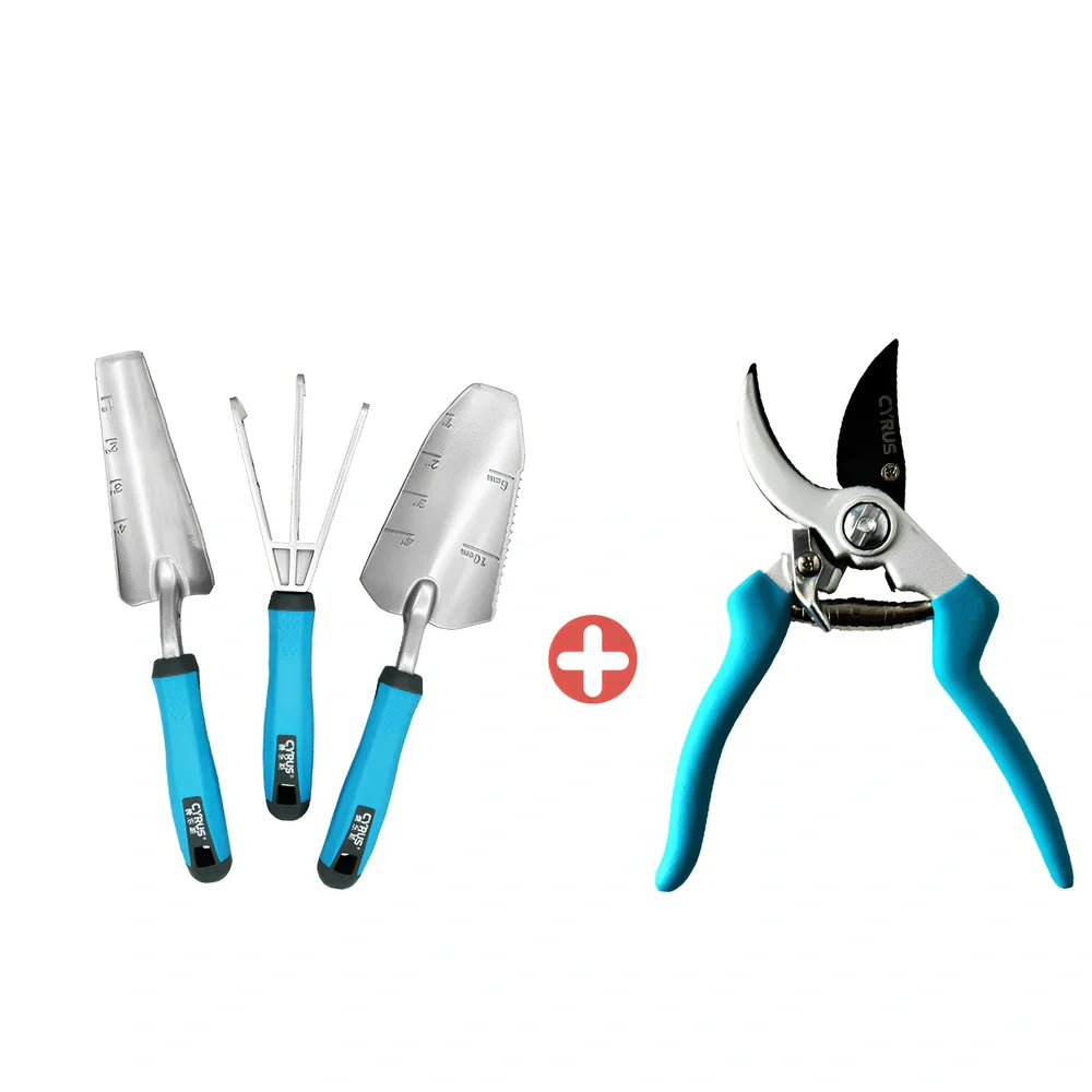 Aluminium garden tool set with cast shovel, three-claw harrow, and reinforced gardening gloves on soil