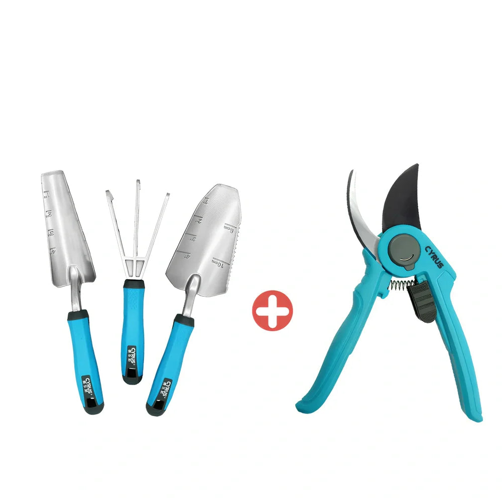 Aluminium garden tool set with cast shovel, three-claw harrow, and reinforced gardening gloves on soil