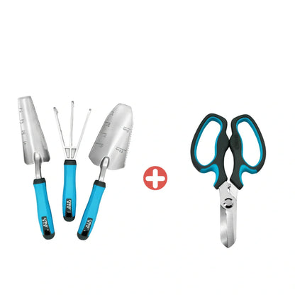 Aluminium garden tool set with cast shovel, three-claw harrow, and reinforced gardening gloves on soil