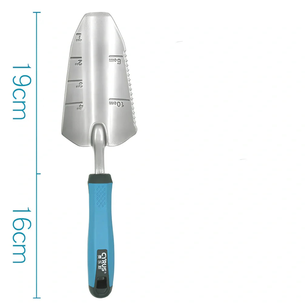 Aluminium garden tool set with cast shovel, three-claw harrow, and reinforced gardening gloves on soil