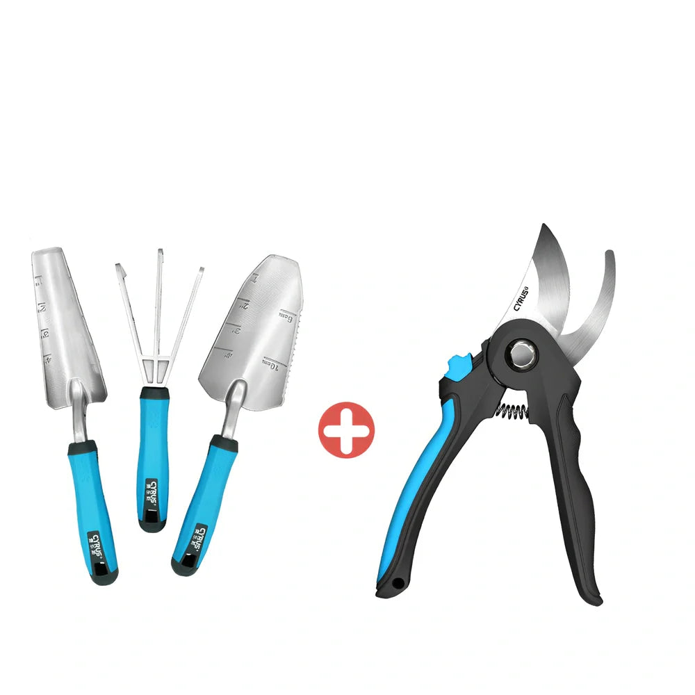 Aluminium garden tool set with cast shovel, three-claw harrow, and reinforced gardening gloves on soil