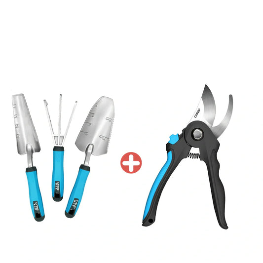 Aluminium garden tool set with cast shovel, three-claw harrow, and reinforced gardening gloves on soil