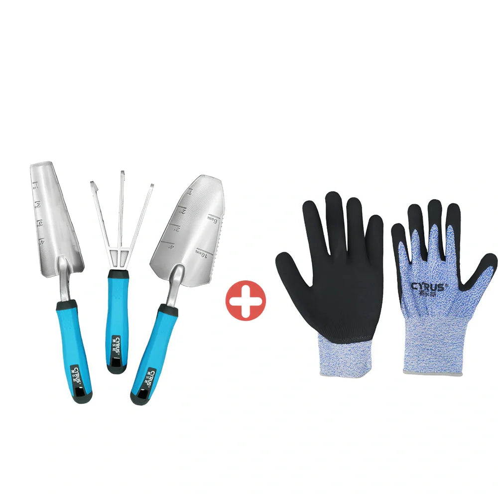 Aluminium garden tool set with cast shovel, three-claw harrow, and reinforced gardening gloves on soil