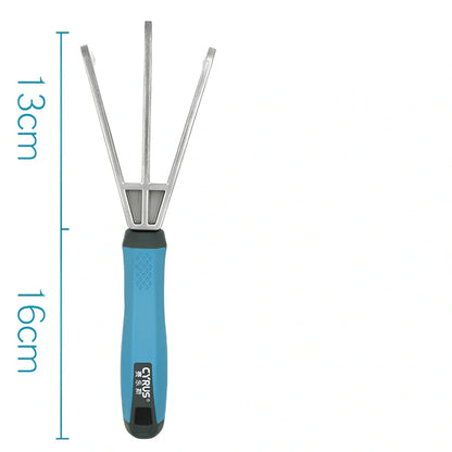 Aluminium garden tool set with cast shovel, three-claw harrow, and reinforced gardening gloves on soil