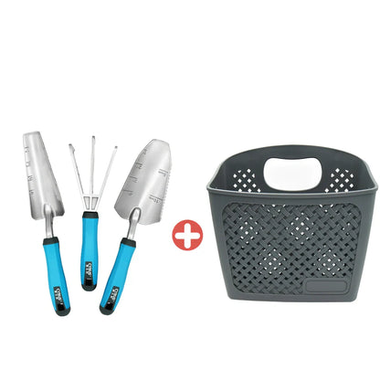 Aluminium garden tool set with cast shovel, three-claw harrow, and reinforced gardening gloves on soil