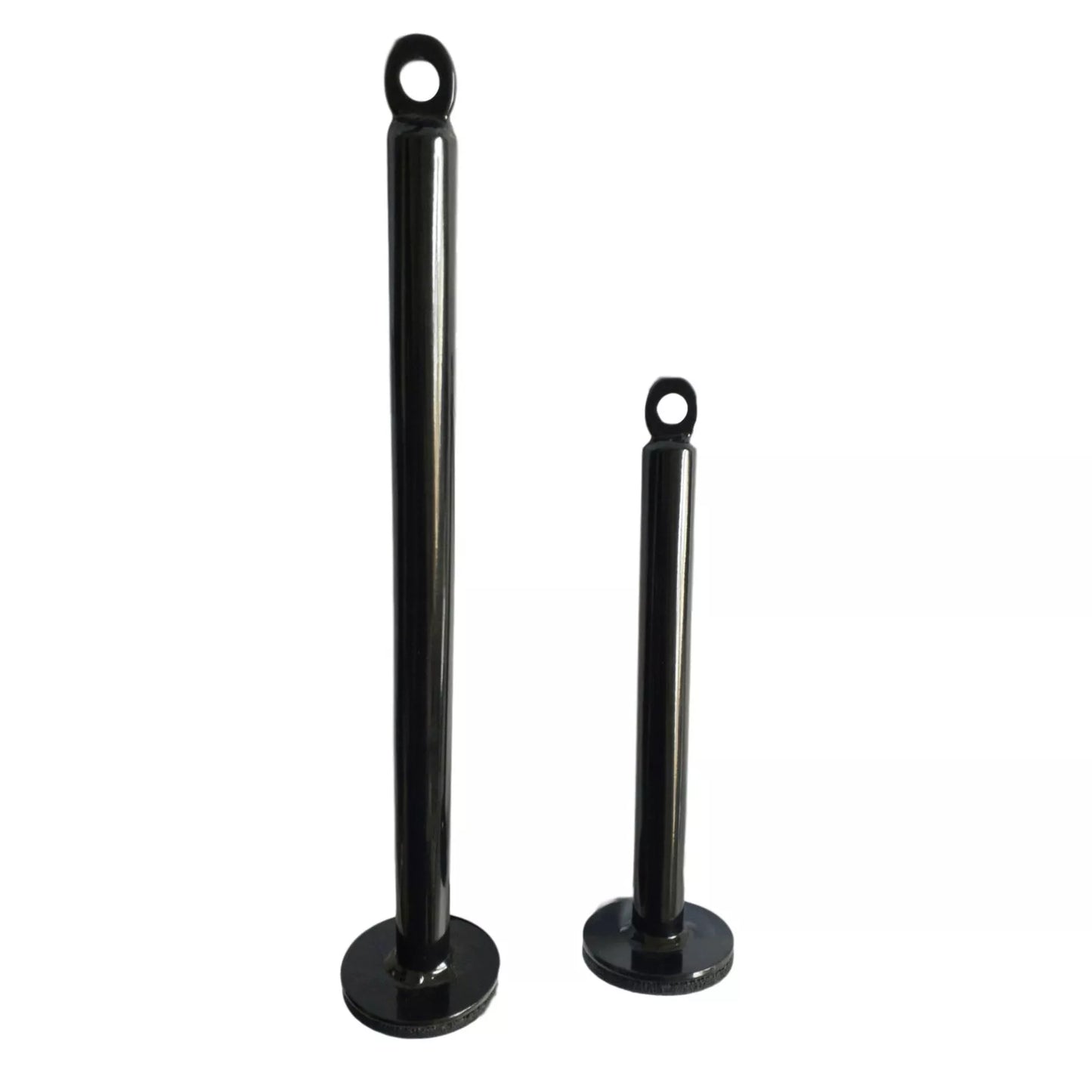 Black metal barbell rack tray for organizing gym equipment, available in three sizes.
