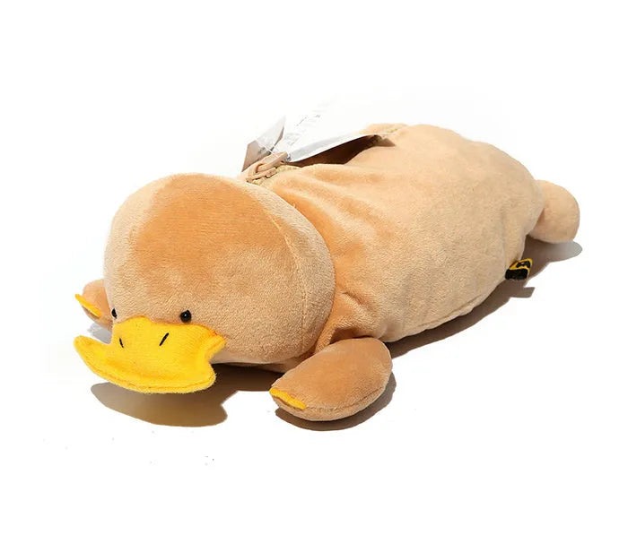 Soft brown plush pencil case with cartoon wombat design and a black zip.