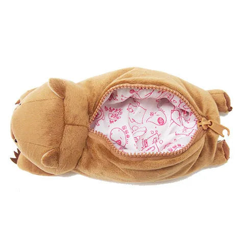 Cartoon animal wombat family plush pencil case with zipper closure, soft fabric storage pouch for school, office, and travel supplies in black, brown, or khaki colour
