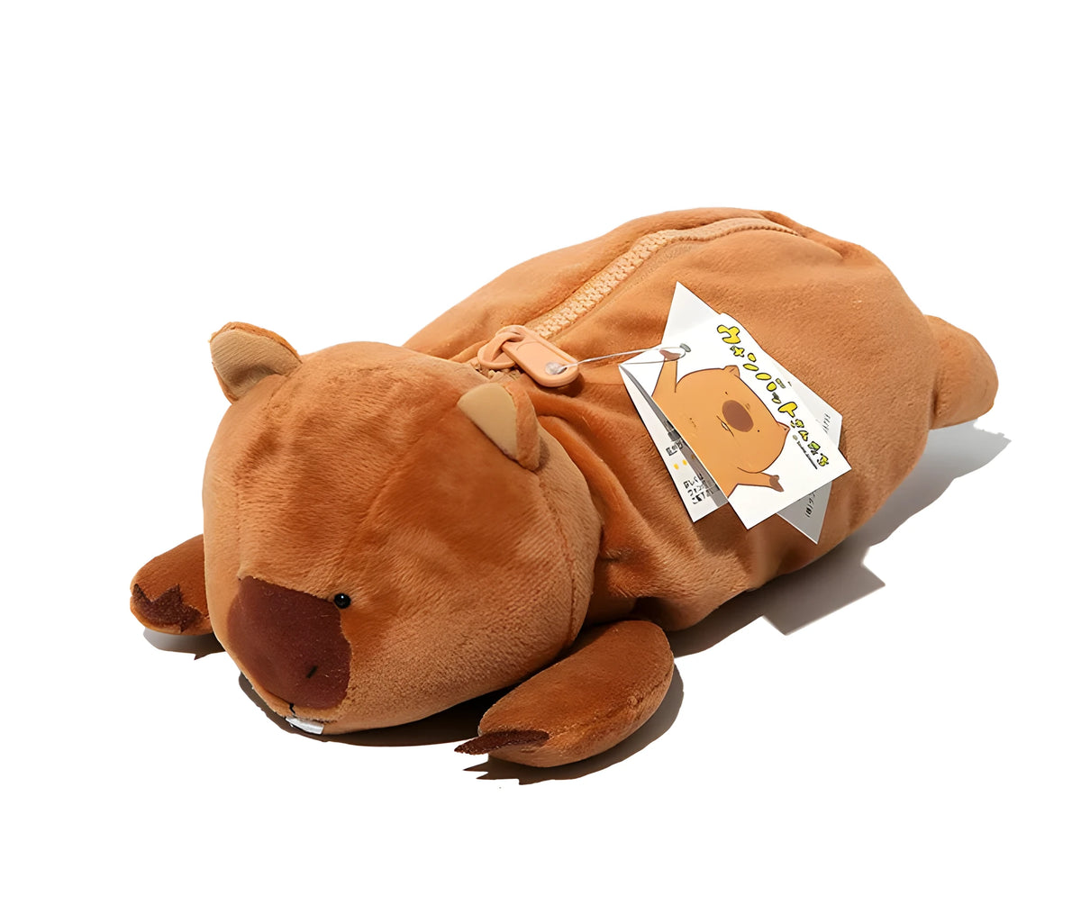 Soft brown plush pencil case with cartoon wombat design and a black zip.