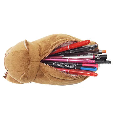 Soft brown plush pencil case with cartoon wombat design and a black zip.