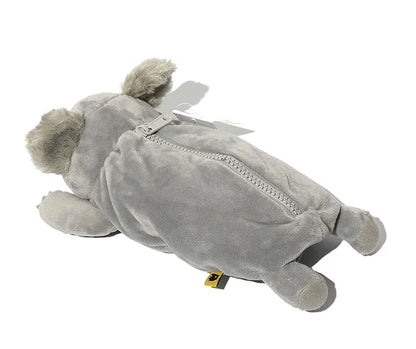 Soft brown plush pencil case with cartoon wombat design and a black zip.
