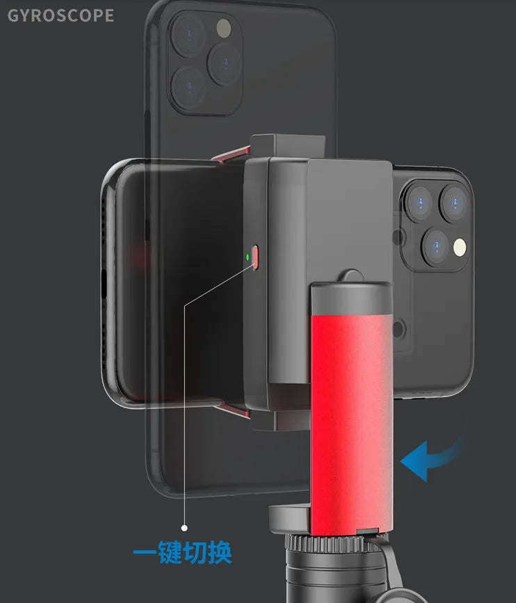 Black aluminium tripod extended to full height with a mobile phone clamped, showing the video stabiliser mechanism.