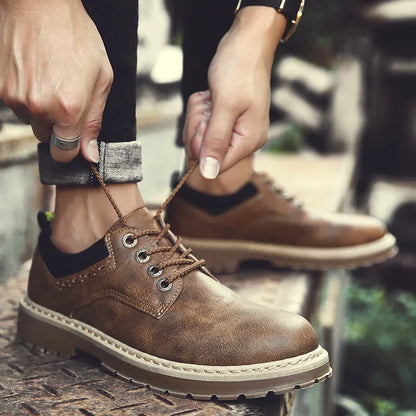 Men's casual shoes with round toe, artificial PU upper, and rubber sole in black, brown, or dark brown.