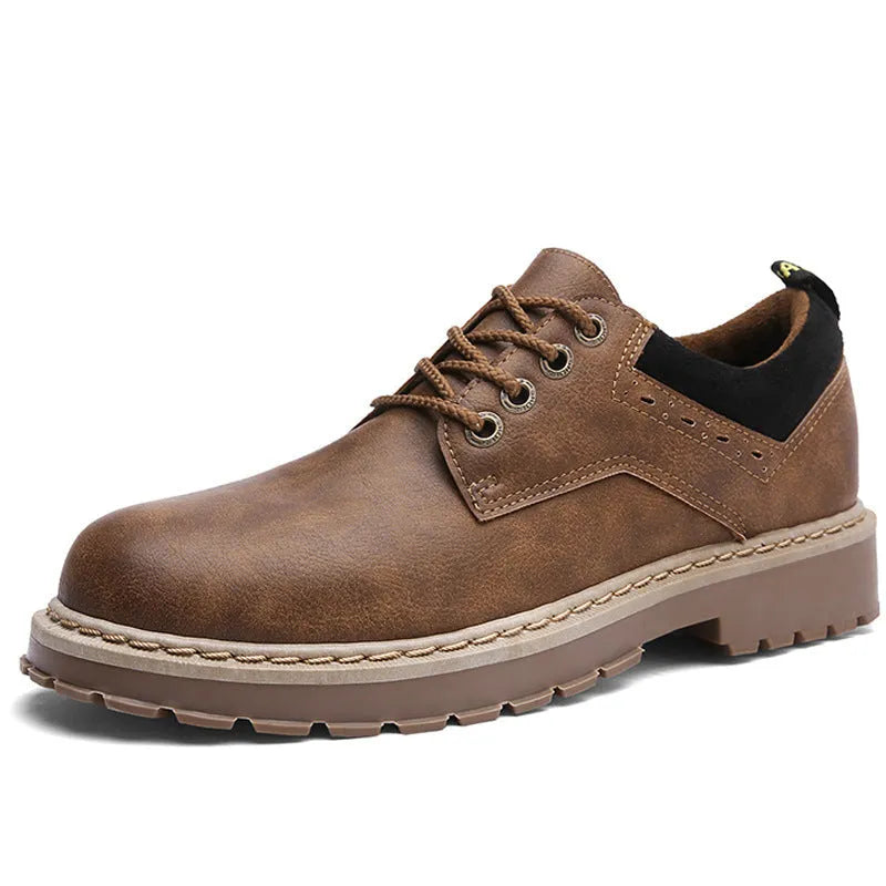 Men's casual shoes with round toe, artificial PU upper, and rubber sole in black, brown, or dark brown.
