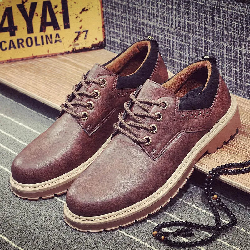 Men's casual shoes with round toe, artificial PU upper, and rubber sole in black, brown, or dark brown.