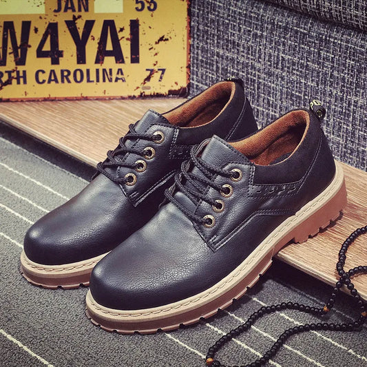 Men's casual shoes with round toe, artificial PU upper, and rubber sole in black, brown, or dark brown.