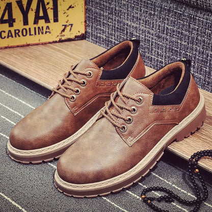 Men's casual shoes with round toe, artificial PU upper, and rubber sole in black, brown, or dark brown.