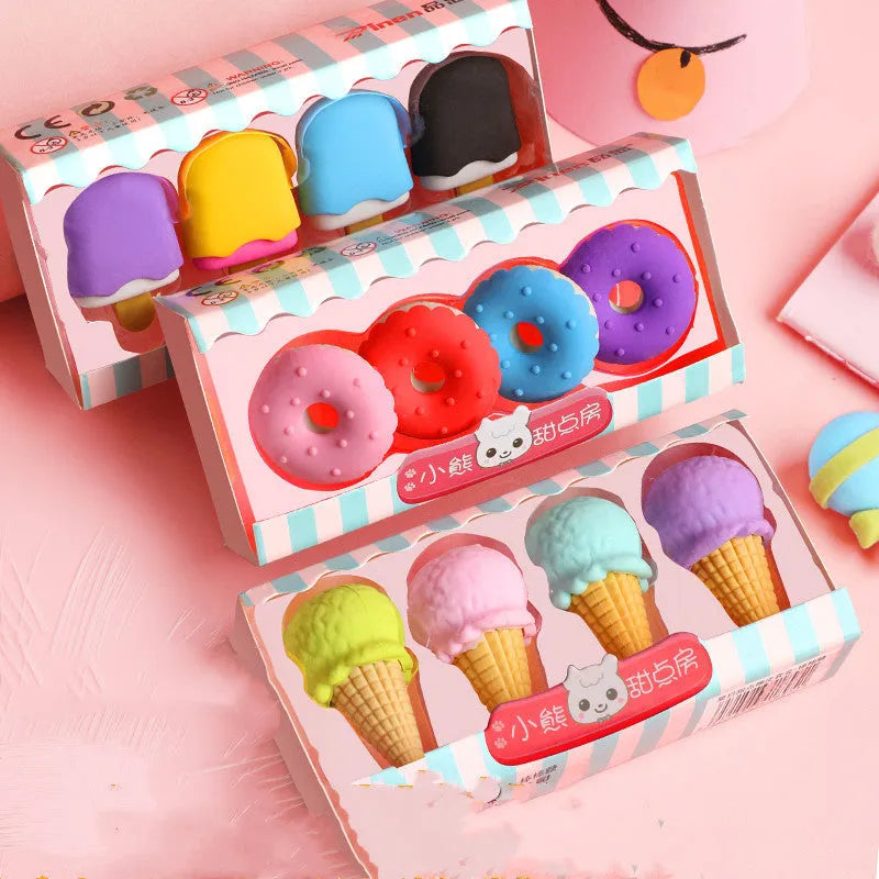 Cartoon eraser set for kindergarten children with food designs including ice cream cones and donuts