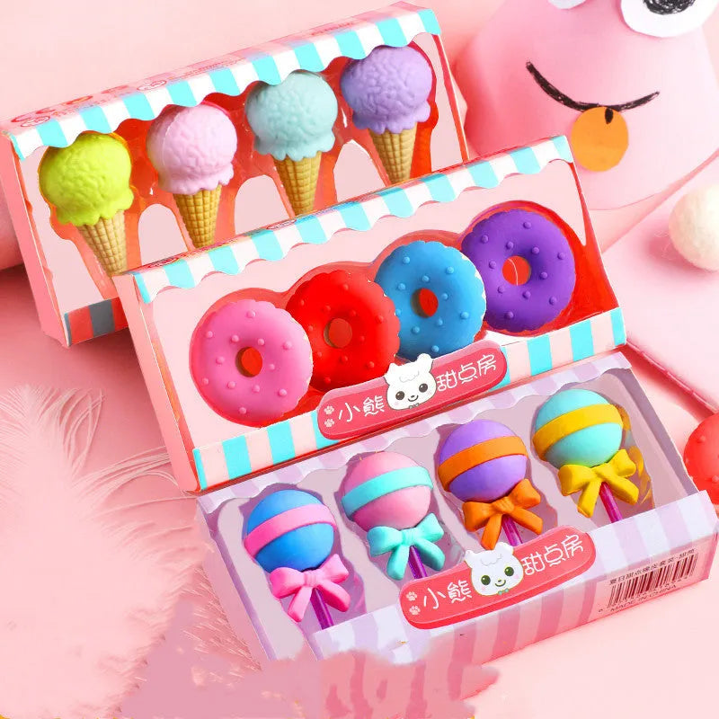 Cartoon eraser set for kindergarten children with food designs including ice cream cones and donuts