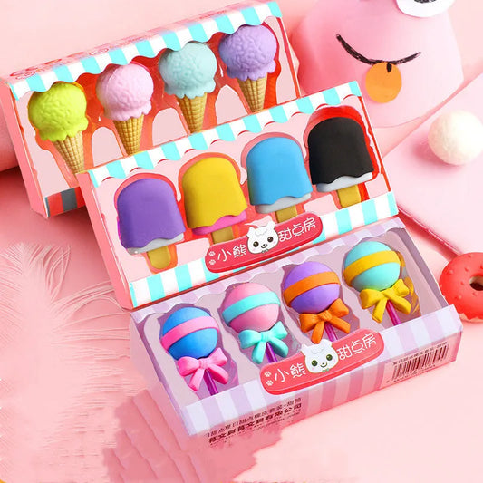 Cartoon eraser set for kindergarten children with food designs including ice cream cones and donuts