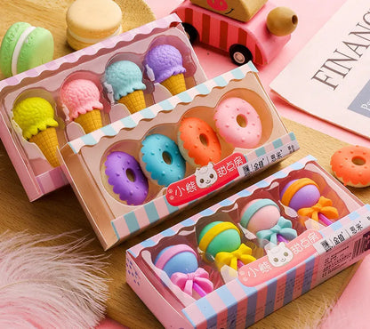 Cartoon eraser set for kindergarten children with food designs including ice cream cones and donuts