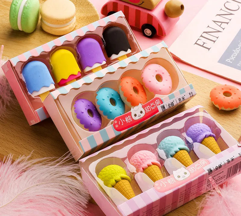 Cartoon eraser set for kindergarten children with food designs including ice cream cones and donuts