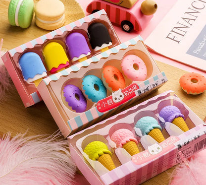 Cartoon eraser set for kindergarten children with food designs including ice cream cones and donuts
