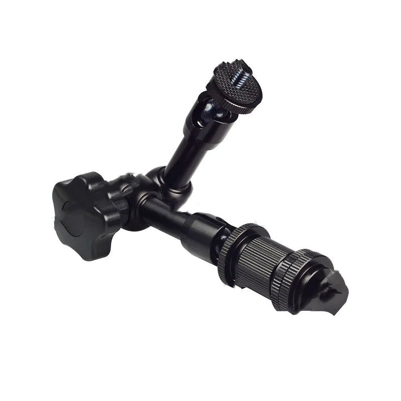 Magic friction articulating arm for DSLR cameras with 7-inch all-metal construction, ball head mounts, hot shoe mount, and camera mount, ideal for attaching LED panels, LCD monitors, or flashlights to camera rigs, tripods, or light stands in black.