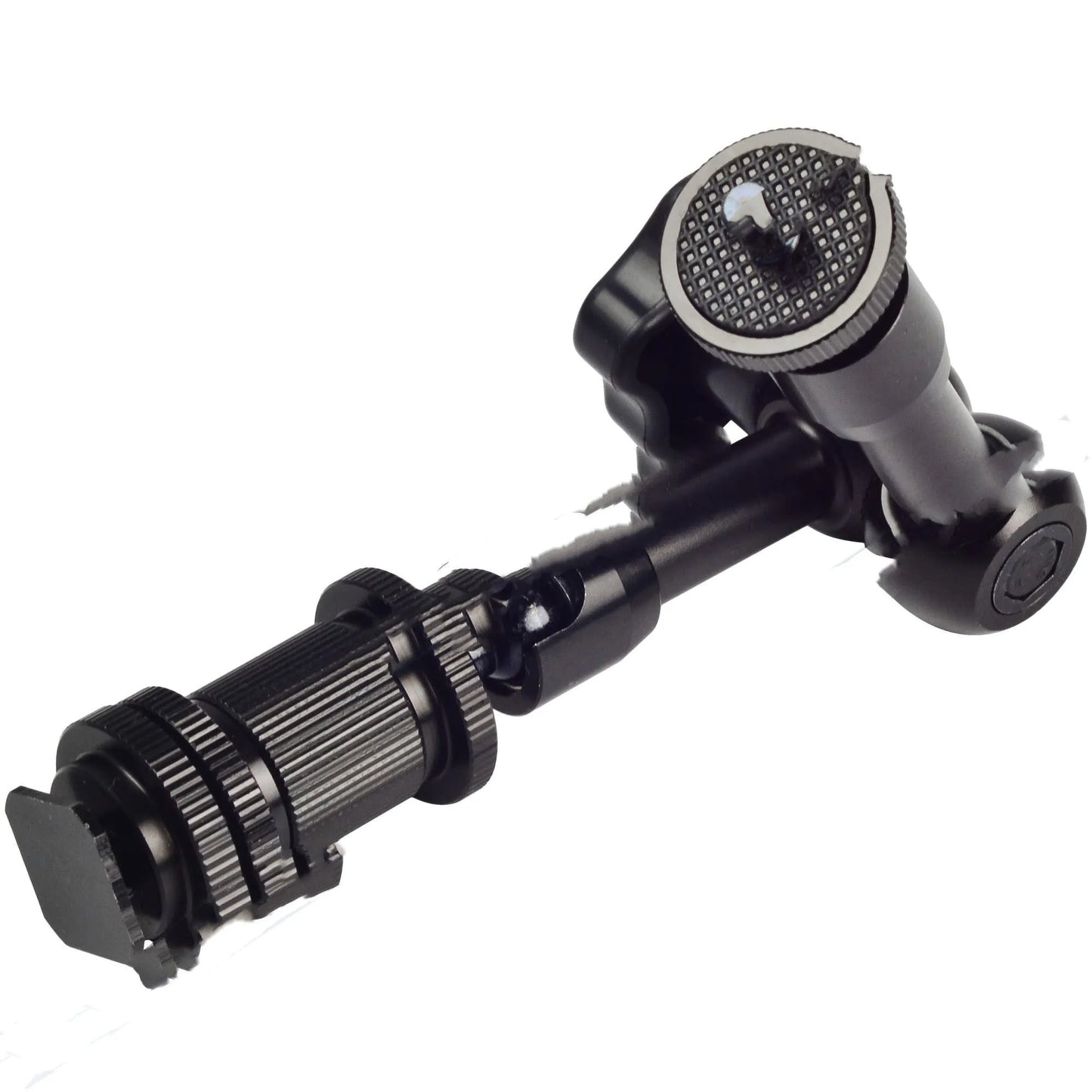 Black all-metal 7-inch magic friction articulating arm for DSLR cameras with ball heads and mounts.