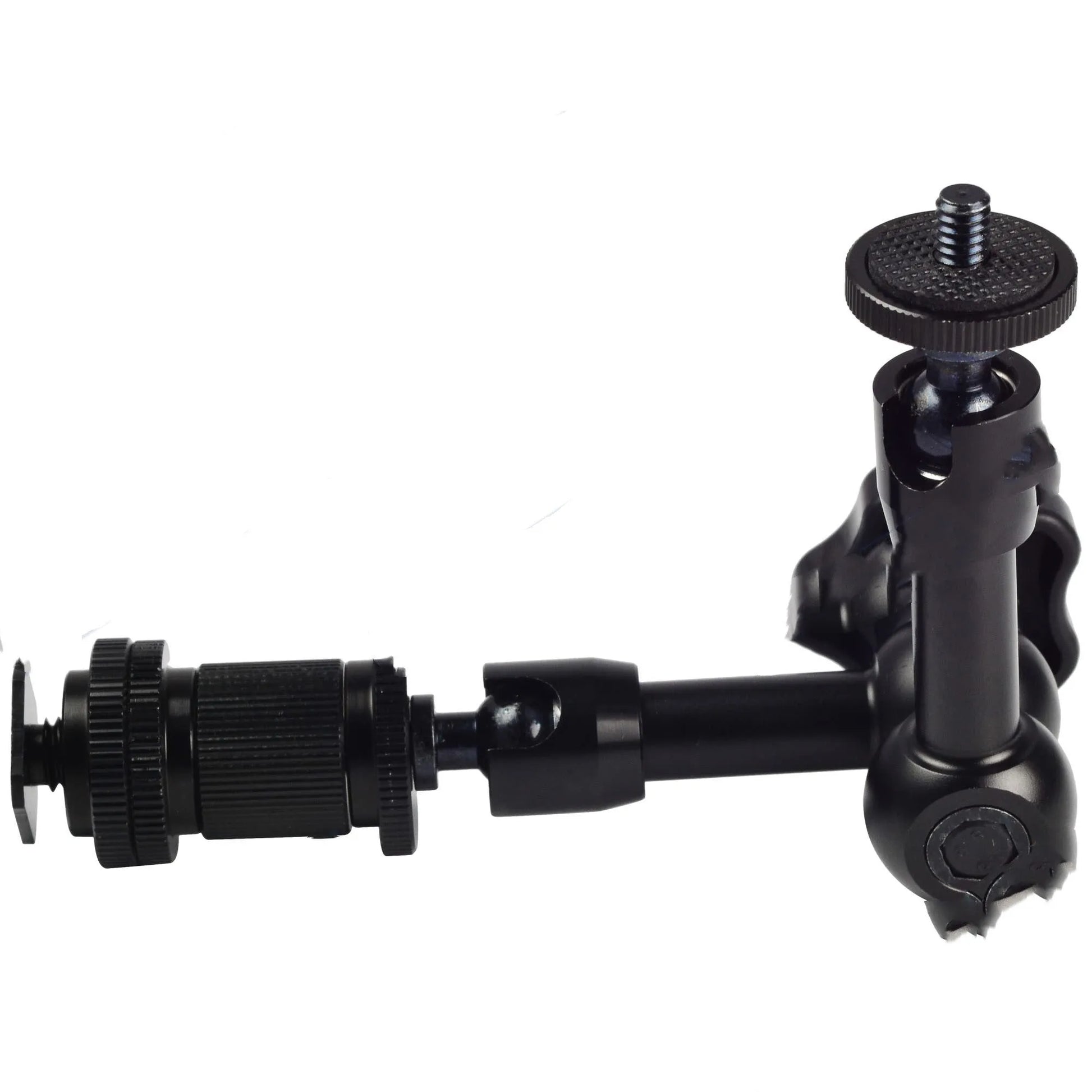 Black all-metal 7-inch magic friction articulating arm for DSLR cameras with ball heads and mounts.
