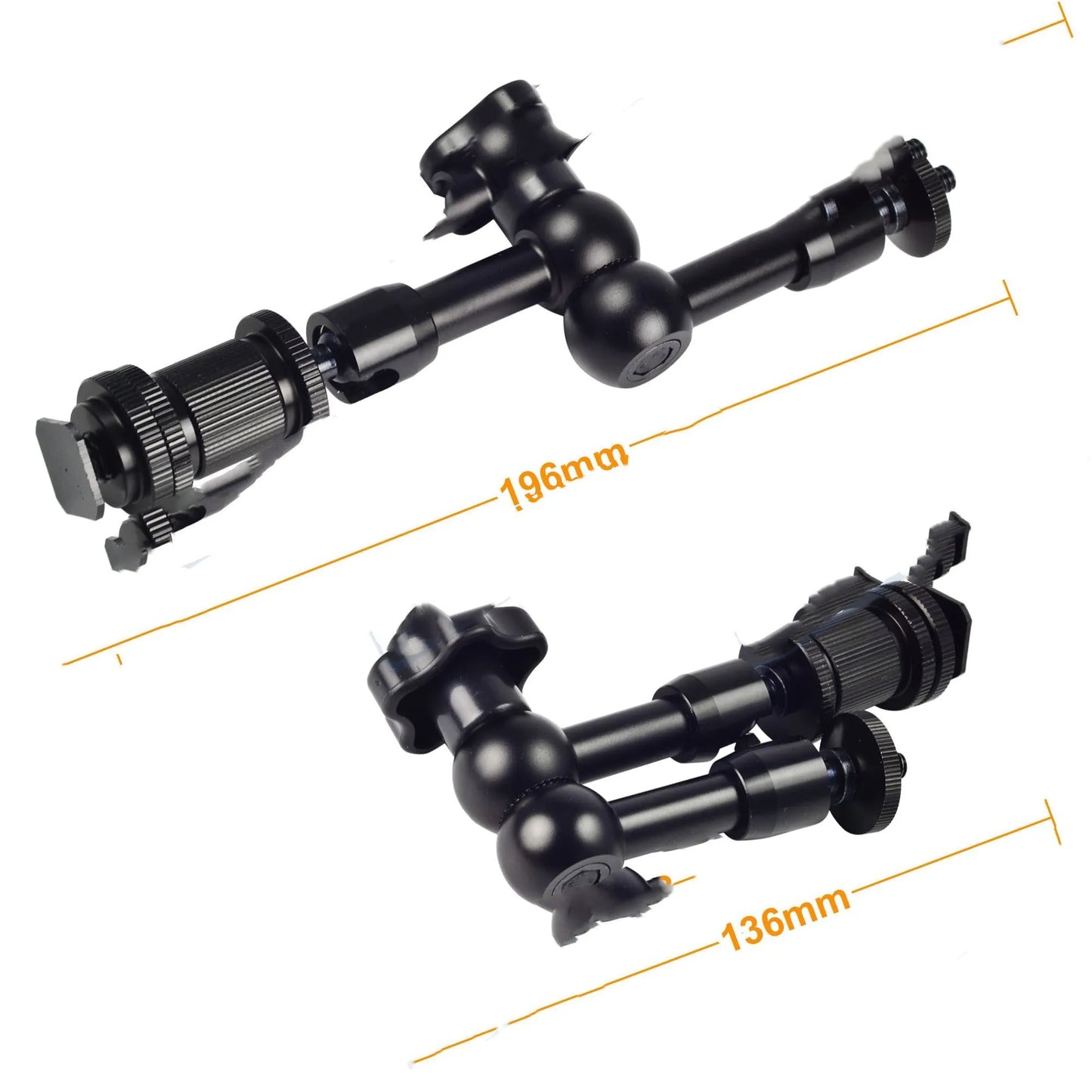 Black all-metal 7-inch magic friction articulating arm for DSLR cameras with ball heads and mounts.