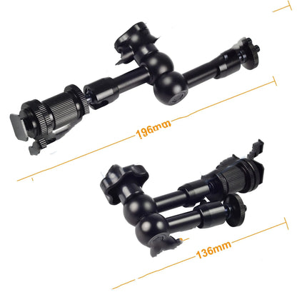 Black all-metal 7-inch magic friction articulating arm for DSLR cameras with ball heads and mounts.