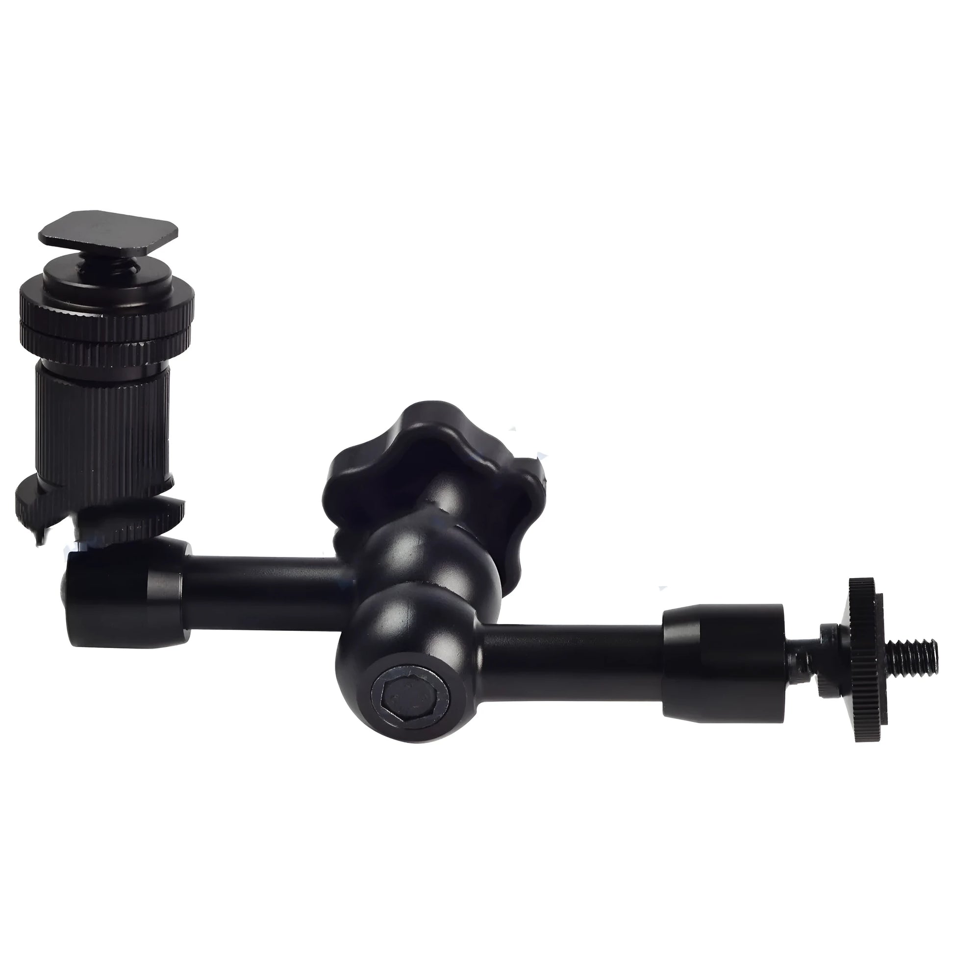 Black all-metal 7-inch magic friction articulating arm for DSLR cameras with ball heads and mounts.