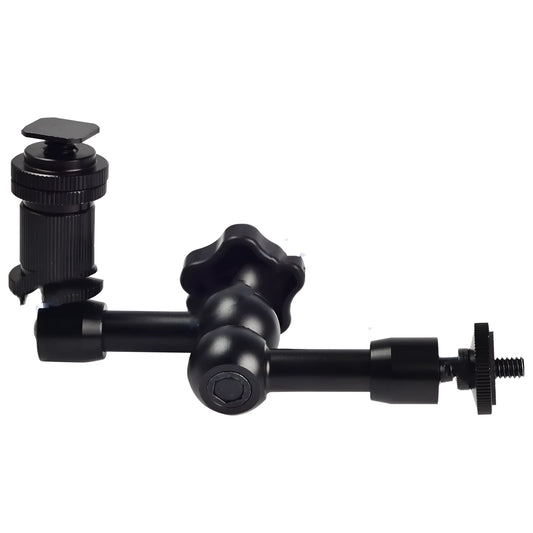 Black all-metal 7-inch magic friction articulating arm for DSLR cameras with ball heads and mounts.