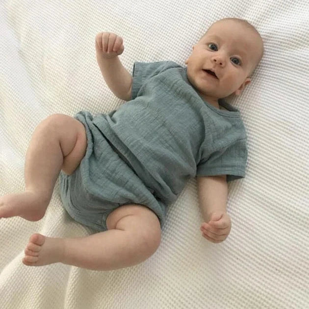 Baby boy summer clothes set with blue shirt and matching shorts for toddlers