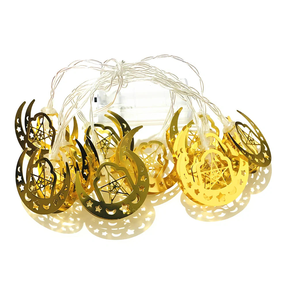 Gold moon and star pendant LED string lights for Ramadan with battery operation