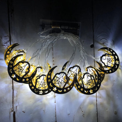 Gold moon and star pendant LED string lights for Ramadan with battery operation