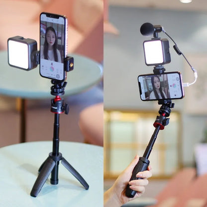 Mobile phone vlog bracket set with selfie stick, fill light, and stand in 15cm carrying case