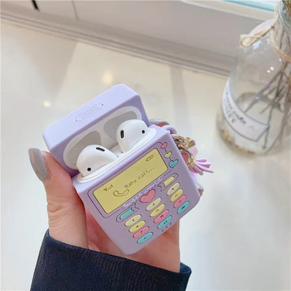 Purple silicone protective case for Apple AirPods with a white fur ball pendant attached.