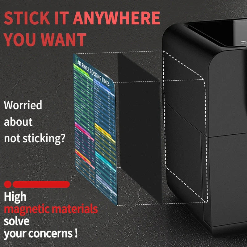 Magnetic cooking time guide with cheat sheet for various foods and cooking methods