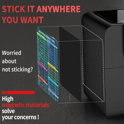 Magnetic cooking time guide with cheat sheet for various foods and cooking methods