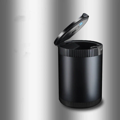 Sleek car ashtray with lid that seals in odors and safely contains cigarette butts without leaving marks
