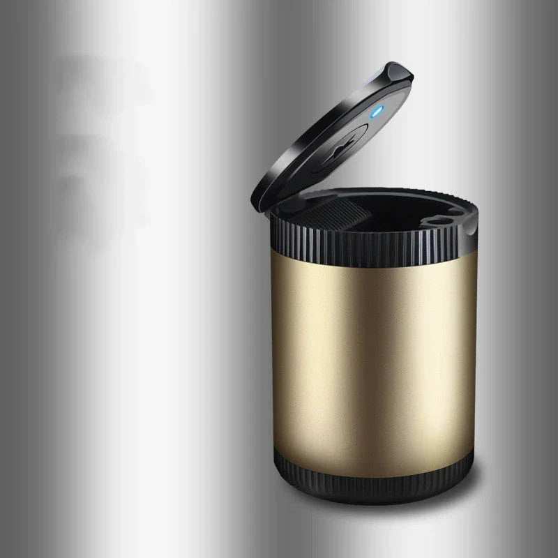 Sleek car ashtray with lid that seals in odors and safely contains cigarette butts without leaving marks
