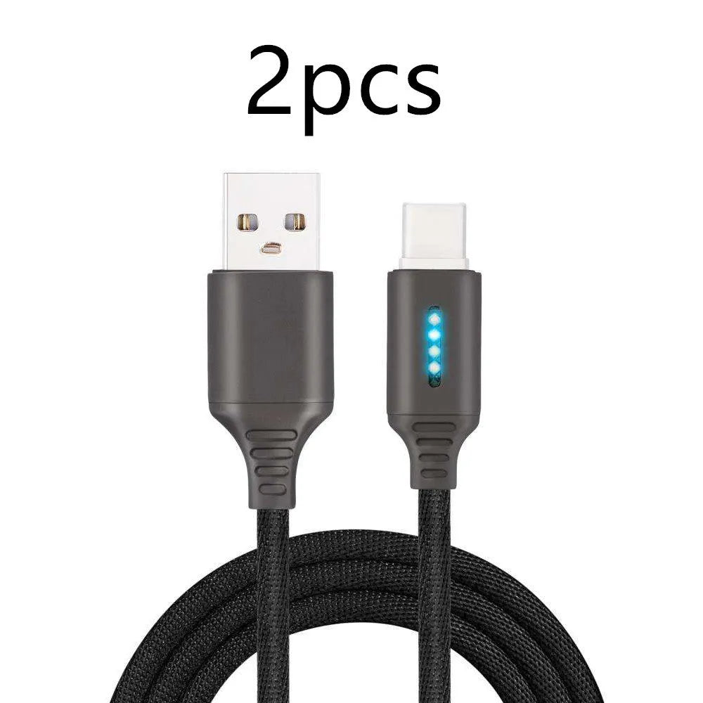 Black woven fabric braided USB fast charging cable with Type-C connector, 1 metre long.