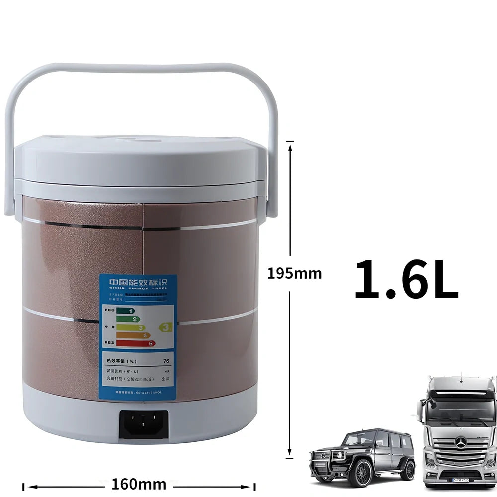 Blue cylindrical mini rice cooker with stainless steel shell and cigarette lighter cable for vehicle use