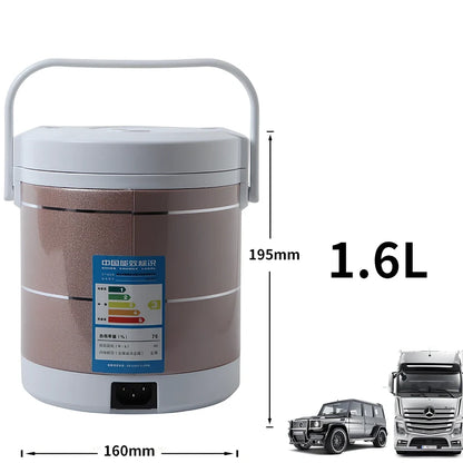 Blue cylindrical mini rice cooker with stainless steel shell and cigarette lighter cable for vehicle use