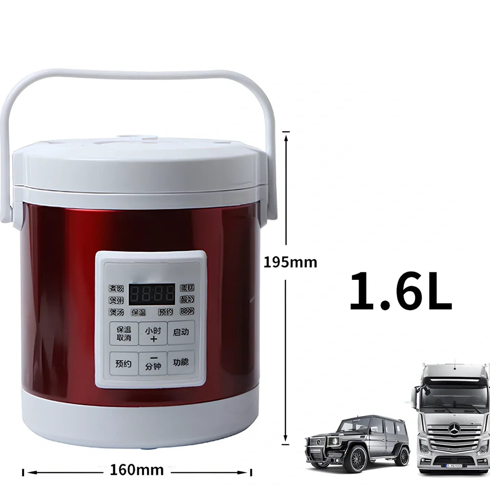 Blue cylindrical mini rice cooker with stainless steel shell and cigarette lighter cable for vehicle use
